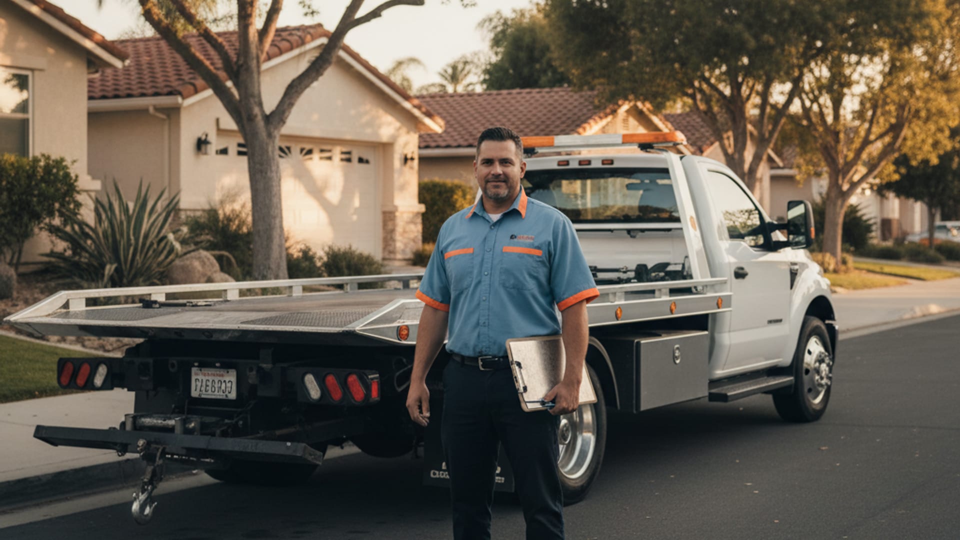 A flatbed rollback parked at golden hour in a Dallas residential neighborhood