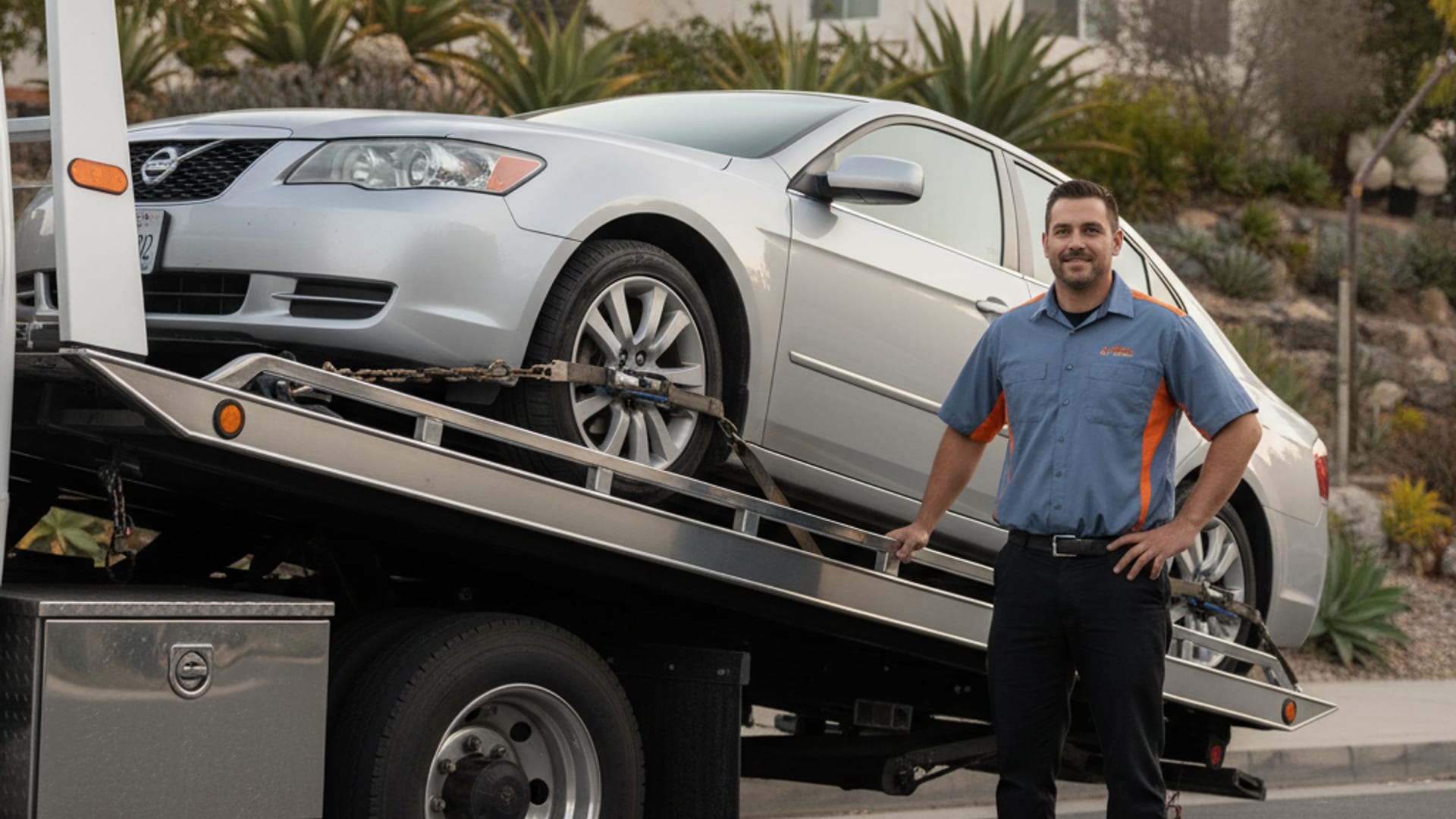 A flatbed rollback loading a disabled vehicle on a Dallas street at golden hour
