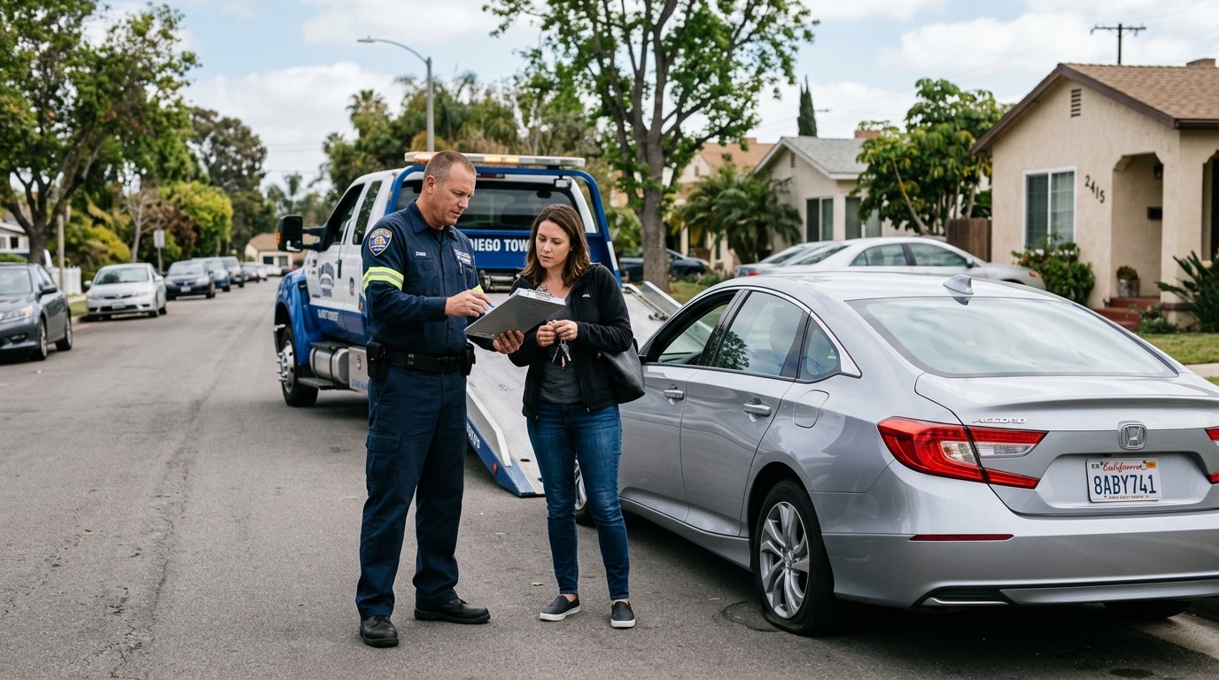 Dallas-area tow operator and customer discussing service options on a freeway shoulder
