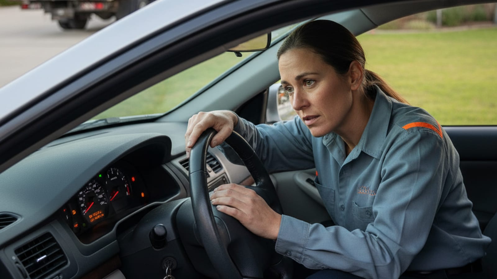 Driver checking dashboard warning lights on a parked car in a Dallas driveway