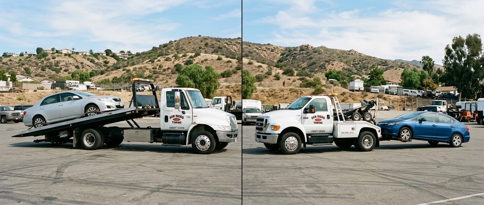 Side-by-side comparison of a flatbed tow truck and a wheel-lift tow truck loading vehicles in a Dallas-area service yard
