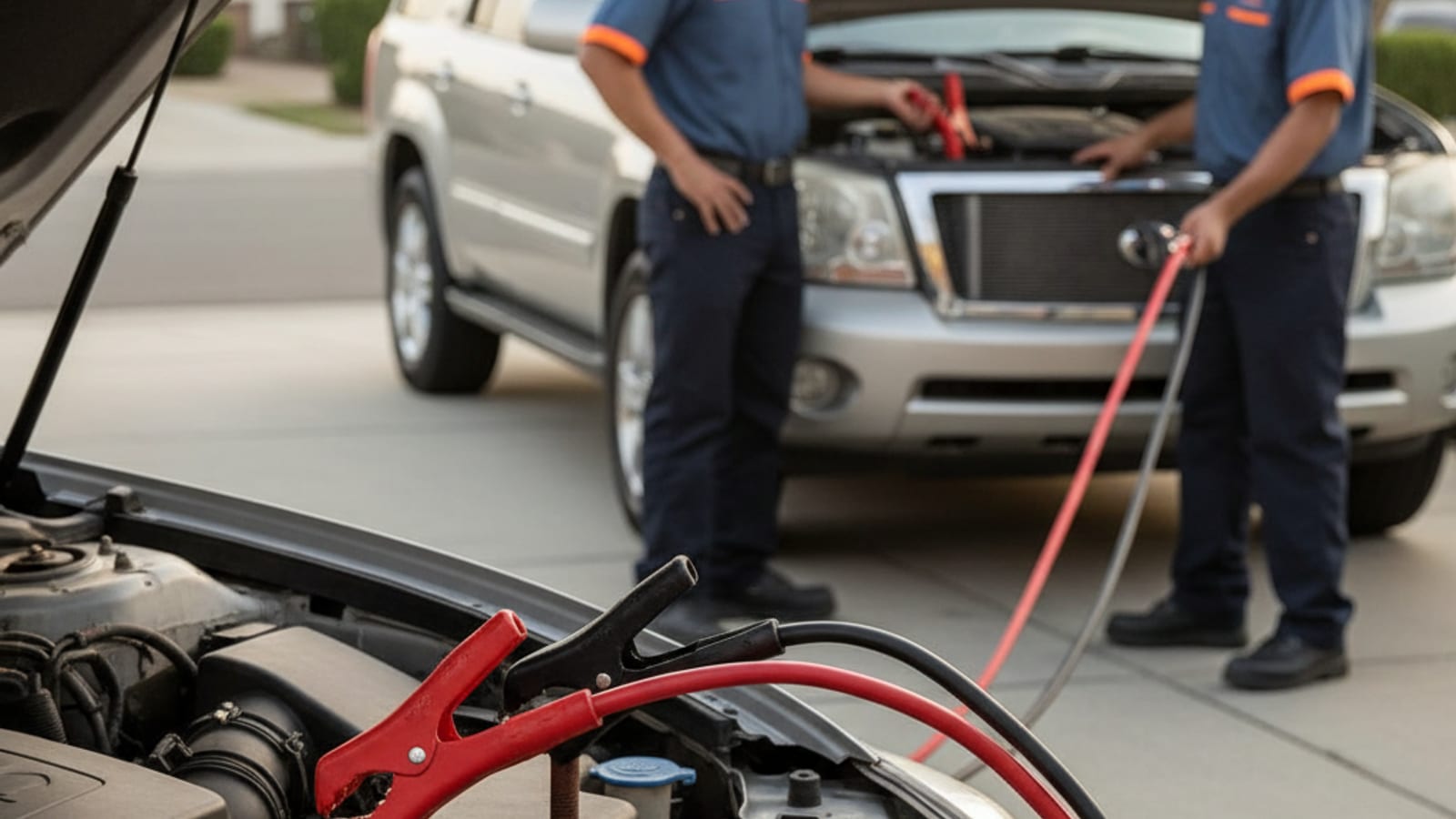 Close-up of jumper cables connected between two car batteries with the donor vehicle running in a Dallas driveway