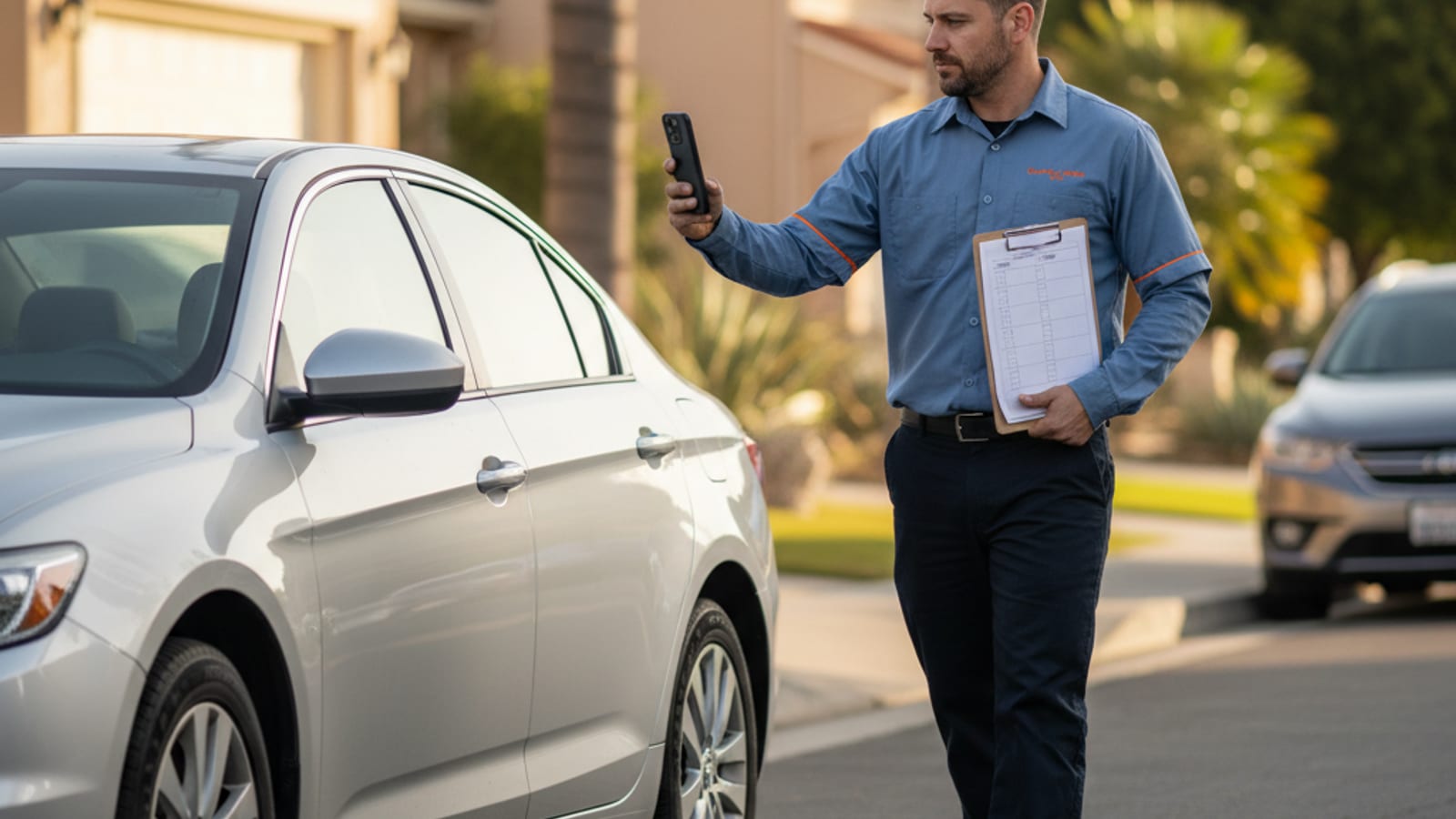 Driver walking around their vehicle making notes before a scheduled tow in a Dallas driveway