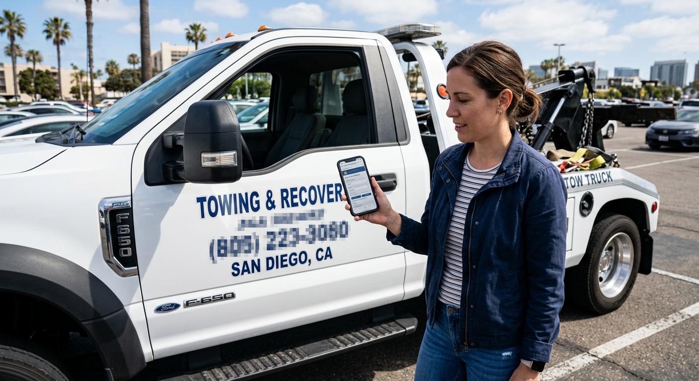 Customer checking a tow operator credentials and TDLR license number on a smartphone in a Dallas parking lot