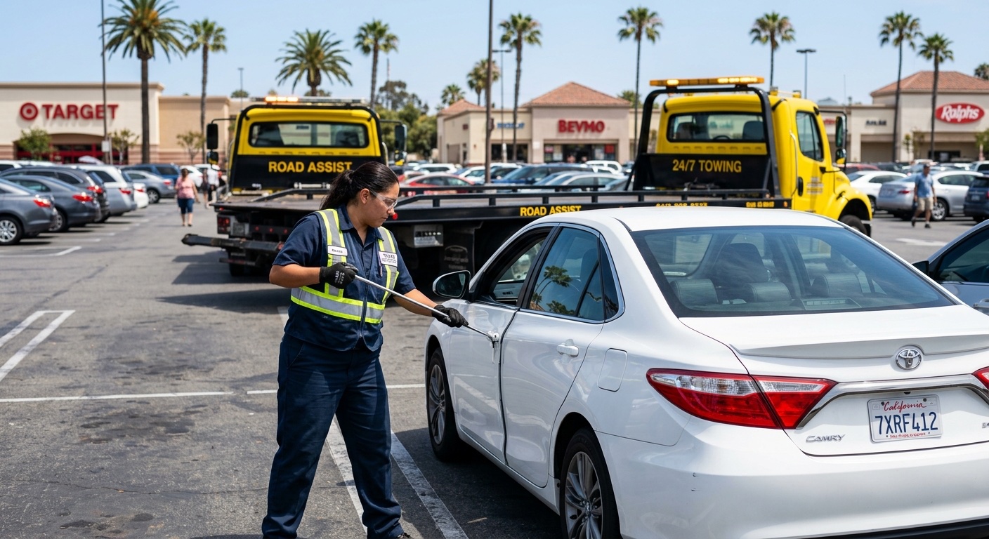 Driver using a long-reach lockout tool to unlock a sedan in a Dallas shopping center parking lot