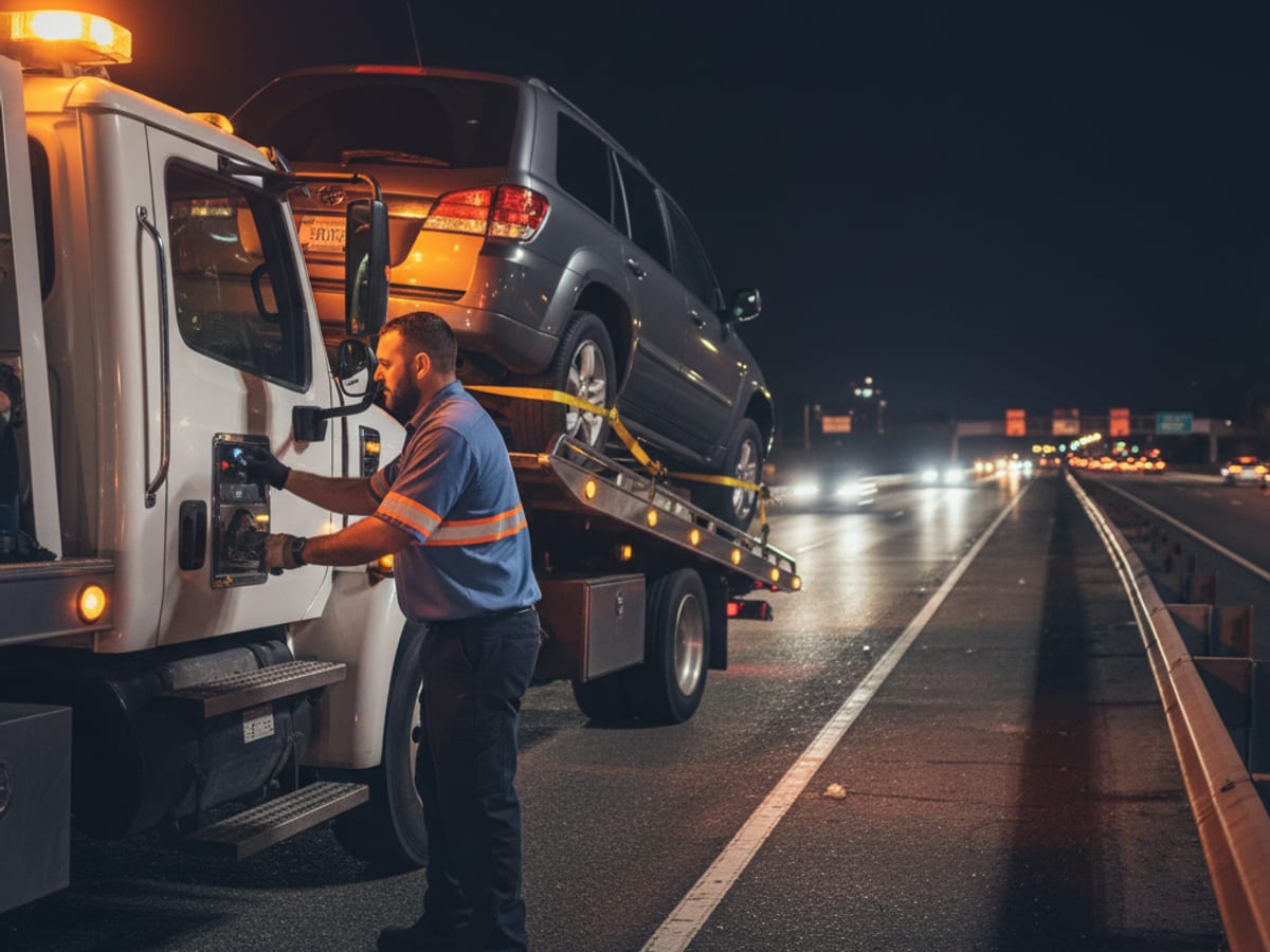 Flatbed driver loading a disabled sedan on the I-35E shoulder near Downtown Dallas at night