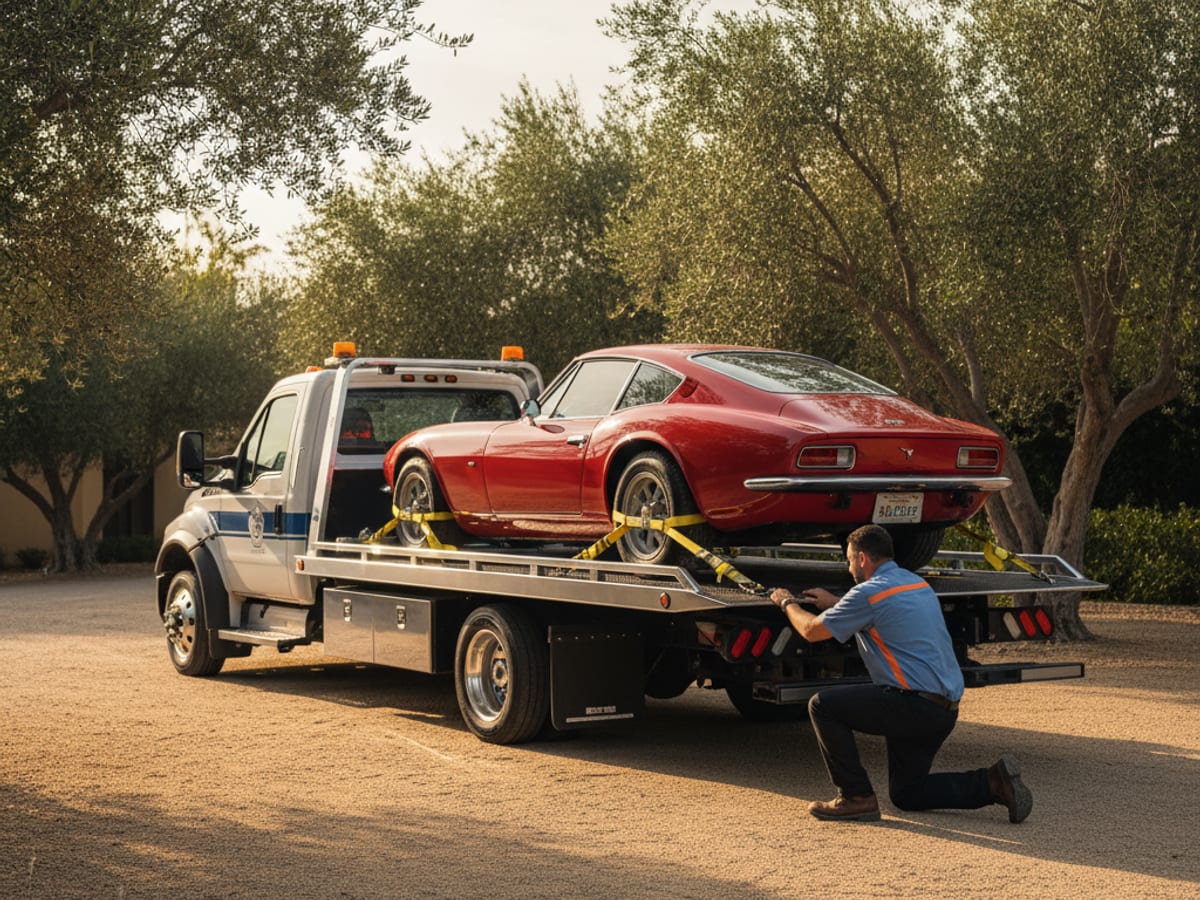 Low-clearance flatbed carefully loading a classic sports car with soft-tie wheel nets in Highland Park