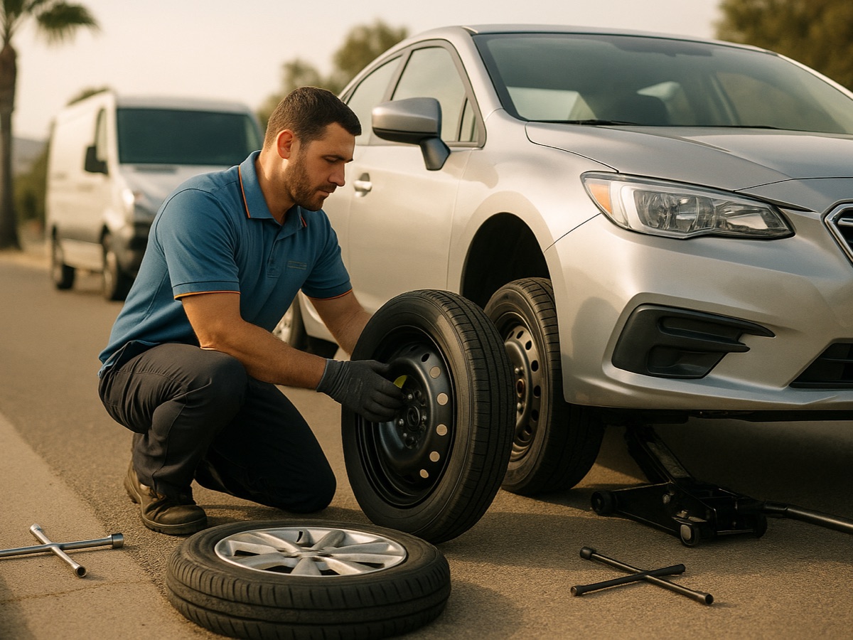 Driver changing a flat tire for the spare on a vehicle pulled onto a Dallas street shoulder