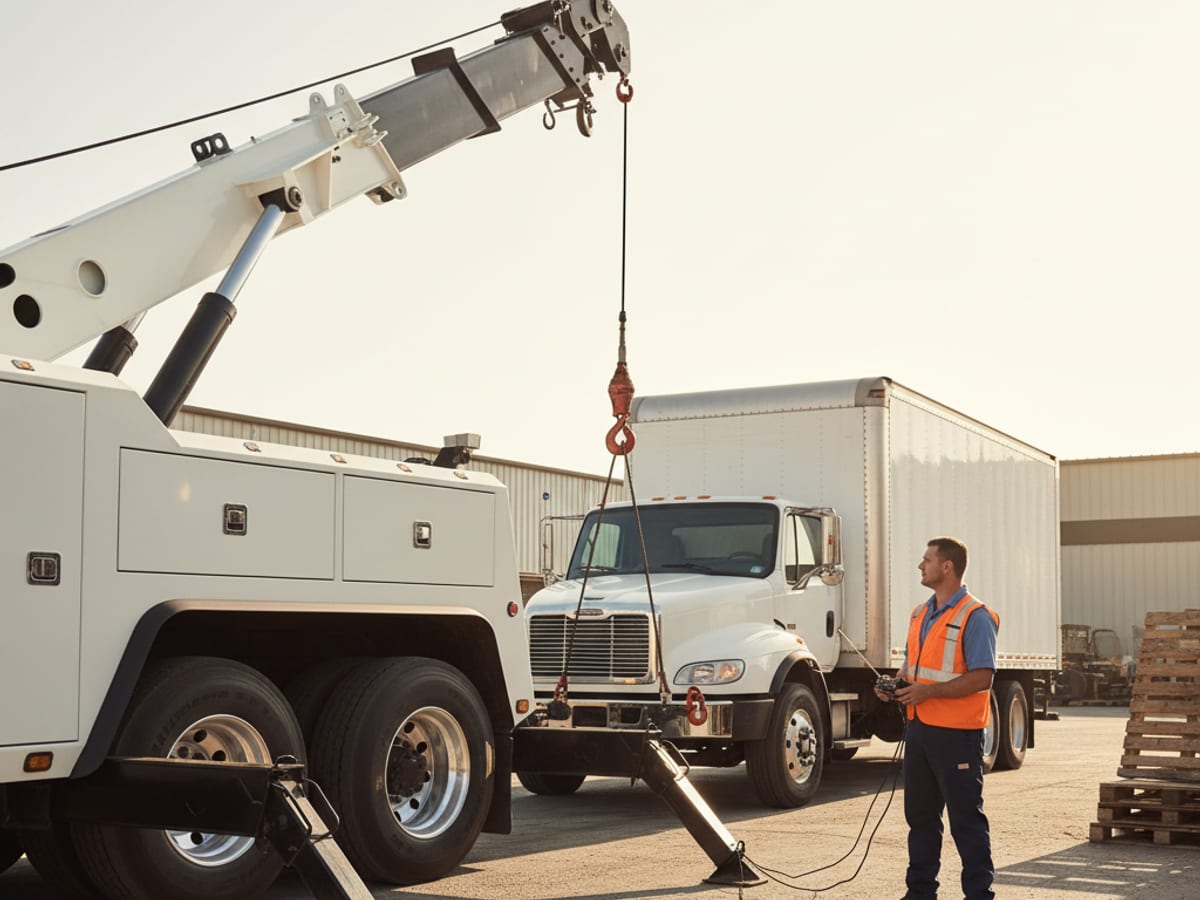 Class 7 heavy wrecker hooking a commercial box truck on a Garland industrial lot