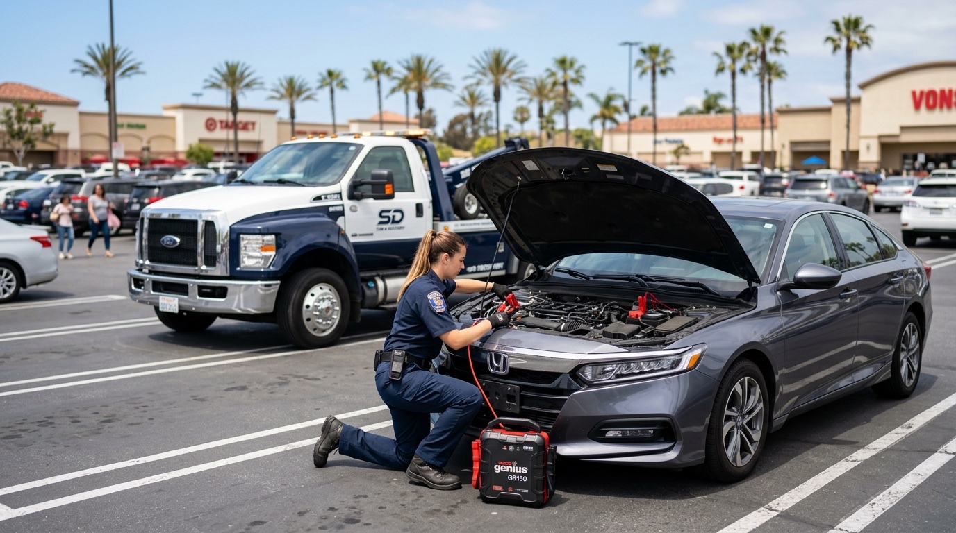 Driver connecting a commercial jump pack to a dead battery in a Dallas parking lot during daylight