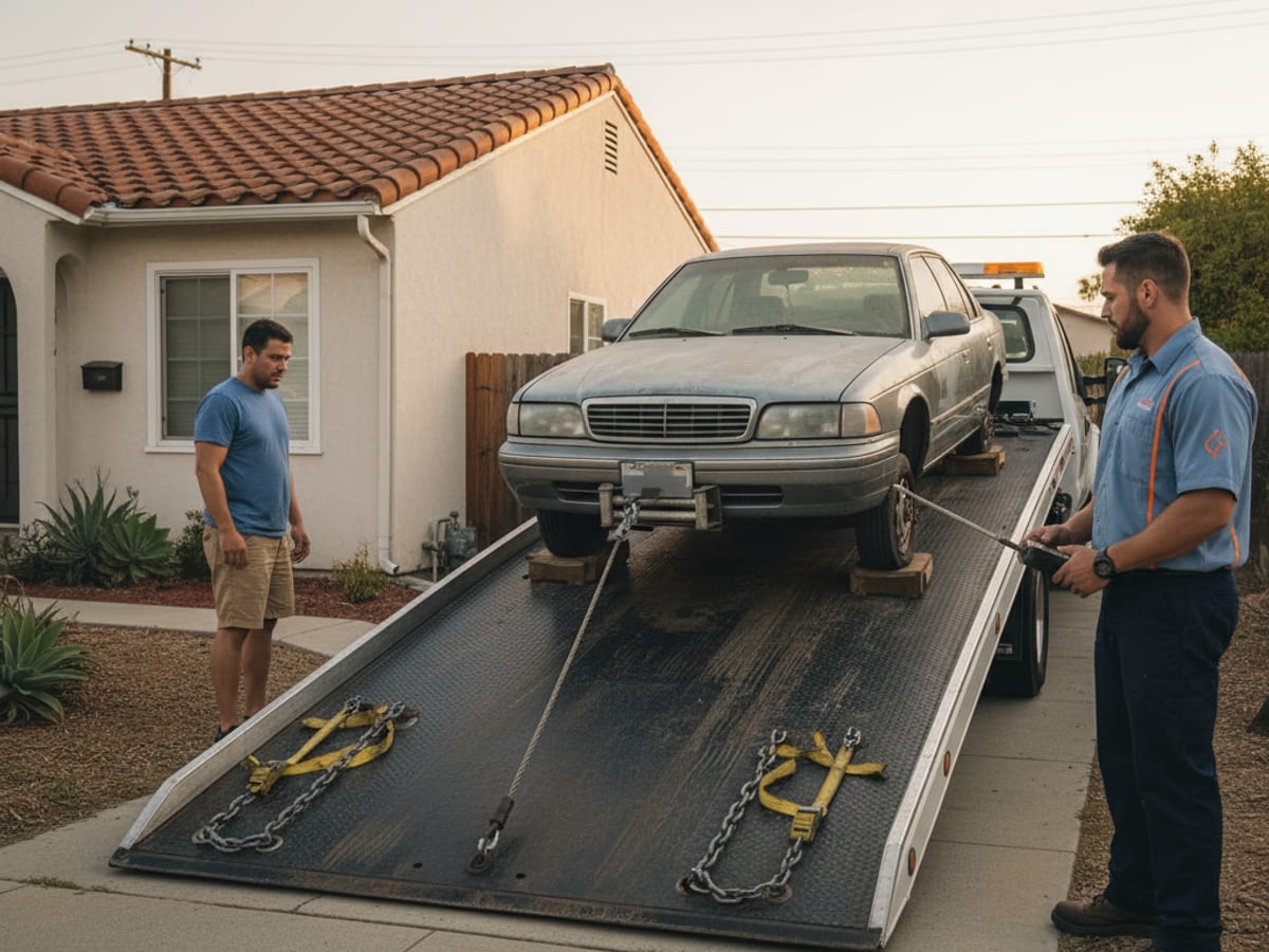 Flatbed loading a non-running sedan from a South Dallas residential side yard