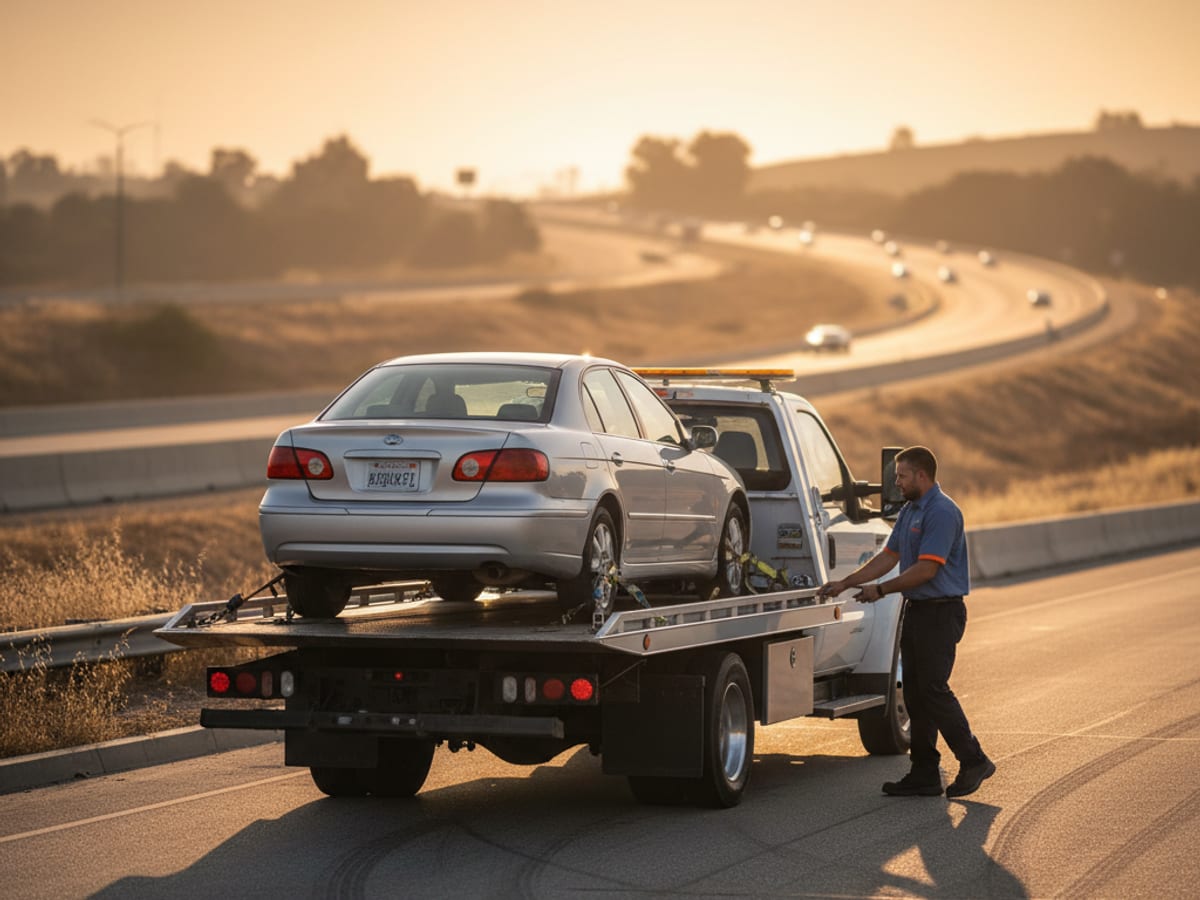 Flatbed driver preparing for a long-distance interstate tow at sunrise near Dallas