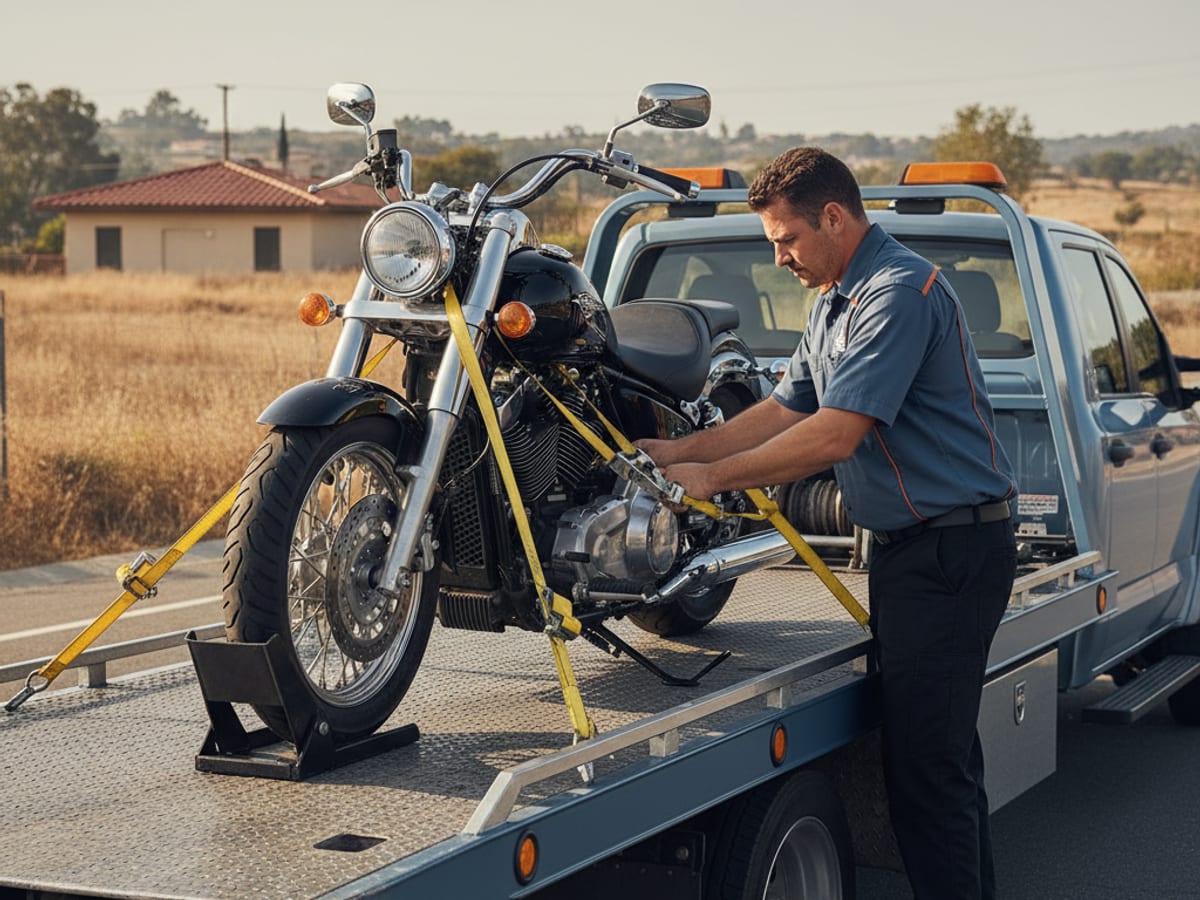 Driver securing a cruiser motorcycle on a low-deck flatbed with soft straps near Lake Ray Hubbard