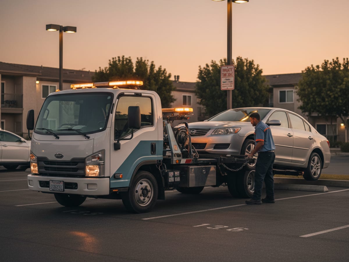Tow truck working a permit-parking apartment complex lot in Addison at dusk