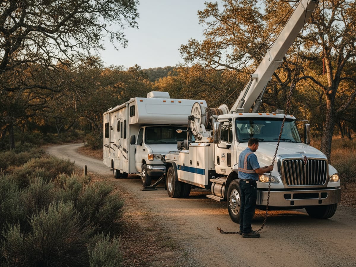 Heavy wrecker towing a Class C RV from a campground near Lewisville Lake