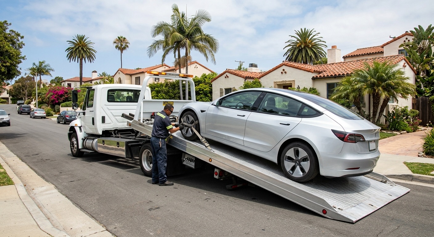 Flatbed loading a Tesla Model 3 with soft straps on an Uptown Dallas residential street, charge port closed and Transport Mode engaged