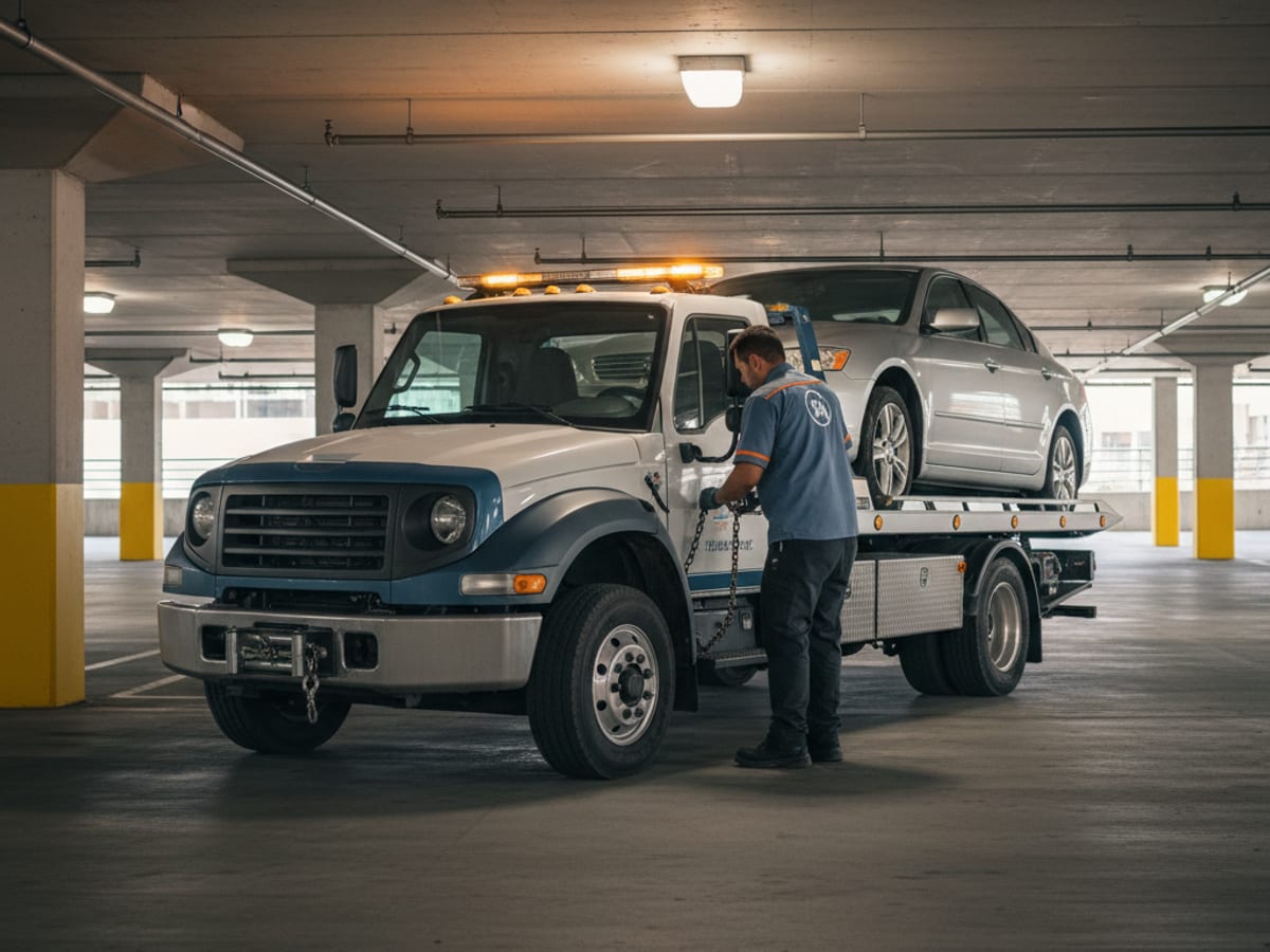 Wheel-lift truck hooking a sedan in a Downtown Dallas parking garage